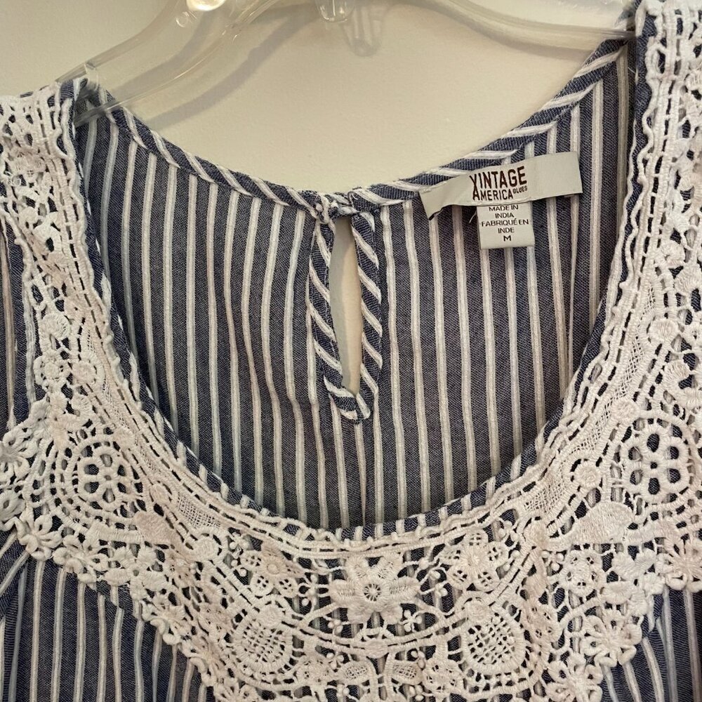 Vintage America Blues Cold Shoulder Crochet Lace Blouse Top Blue Stripes Size M - Picture 4 of 5